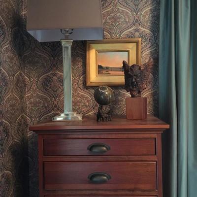 Mirrored Lamp, Restoration Hardware Jewelry Cabinet, Sculptures 