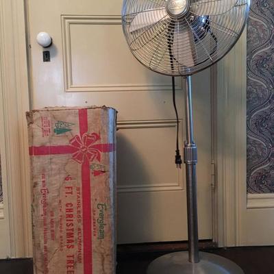 Vintage 6 Ft. Evergleam Aluminum Christmas Tree, Floor Fan 