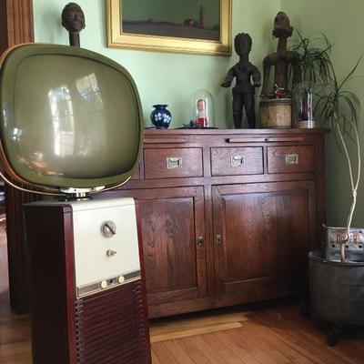 Philco Predicta, Sideboard with Pull Out Writing Desk, African Art, Vintage Kitsch, Cardinal Oil Painting 