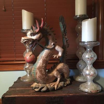 Hand Carved Chinese Dragon, Mercury Glass Candle Holders, Trunk