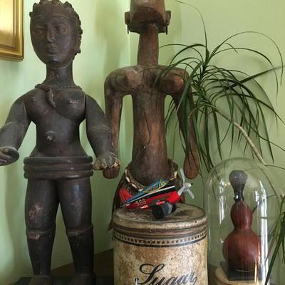 African Art (left: Ibibio puppet figure, middle: Bamana Jo Figure), Vintage Tins, Gourd African Art 
