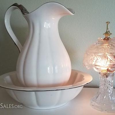 Ceramic Wash Basin and Cut Glass Lamp