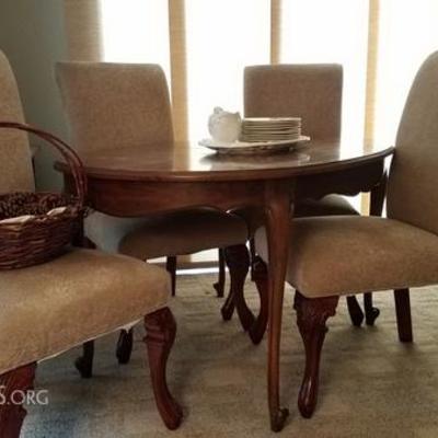 Wood Table with Leaf and 4 Newly Upholstered Chairs
