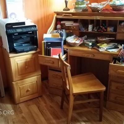 Oak Roll Top Desk and File Cabinet + Printer