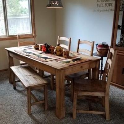 Rustic Farm Table with 4 Chairs and Bench