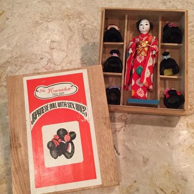 Mid century Japanese doll with 6 wigs