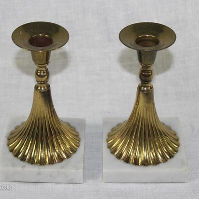 Pair of Brass Candlesticks on Marble Base
