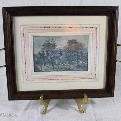 Handled Tray with Horse/Hunt Print on Brass Stand
