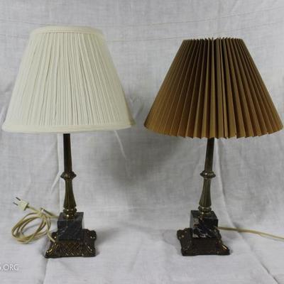 Pair of Brass and Marble Table Lamps with Shades
