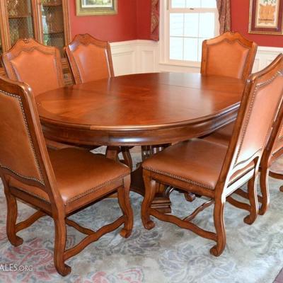 Stanley Furniture dining table and 6 leather dining chairs
