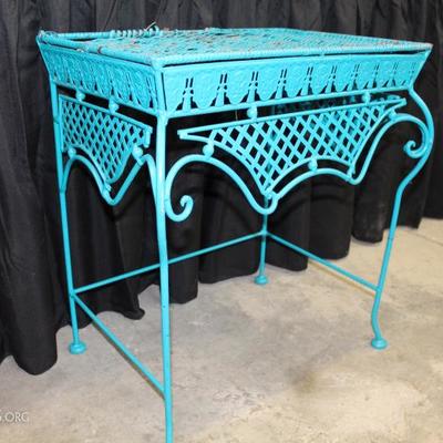 Blue metal and wicker table