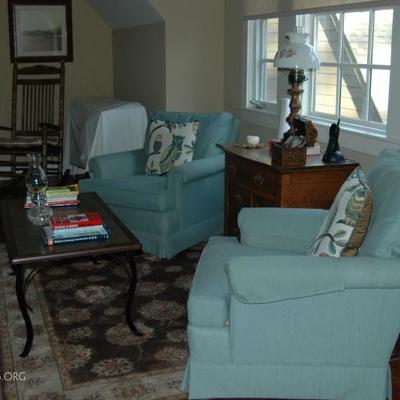 Two club chairs, coffee table, antique washstand (with towel rack - not pictured) and lamp