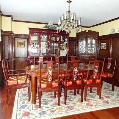 Chinese rosewood table & 8 chairs, mother of pearl dragon inlay
