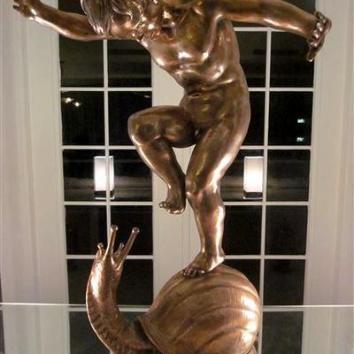 HUGE GIOVANNI CAPPELLETTI (1889-1964) BRONZE SCULPTURE, BOY ON SNAIL, CAN BE USED AS FOUNTAIN