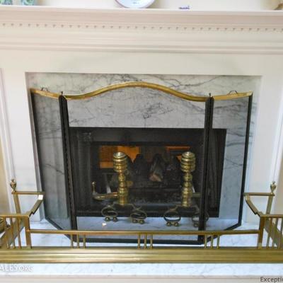 Brass fireplace andirons, fender, tools and screen