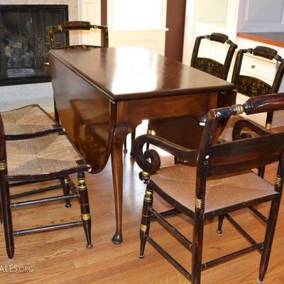 Queen Anne drop leaf table and 6 steciled chairs
