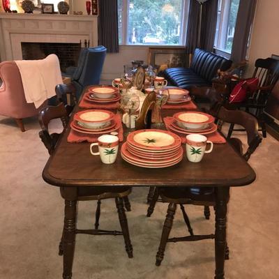 DINING ROOM TABLE, WITH 4 CHAIRS, LOTS OF NICE DISHES