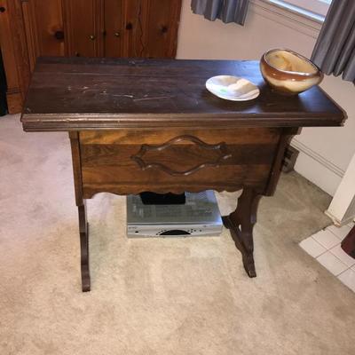 ANTIQUE TABLE WITH BOOK CASE ON BACK SIDE