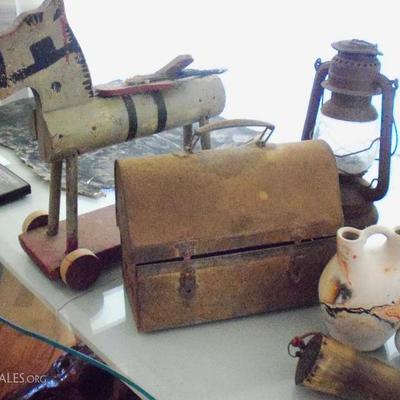Vintage toy horse, Vintage lunch pail , Nemadji Pottery, Vintage Dietz lantern