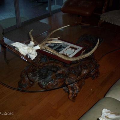 Stohans Furniture Co. Glass top Redwood Burl Coffee Table