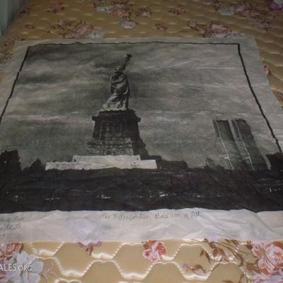 Large scarf of the Statue of Liberty and the Twin Towers circa 1975