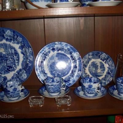 Blue and white plates, cups and saucers.