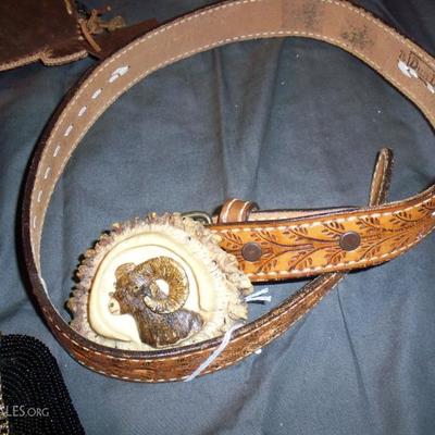 Rocky Mountain Sheep Horn belt buckle on leather belt