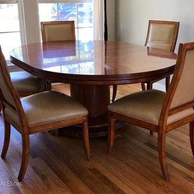 Single Pedestal Dining Table With 6 Leather Upholstered Chairs
