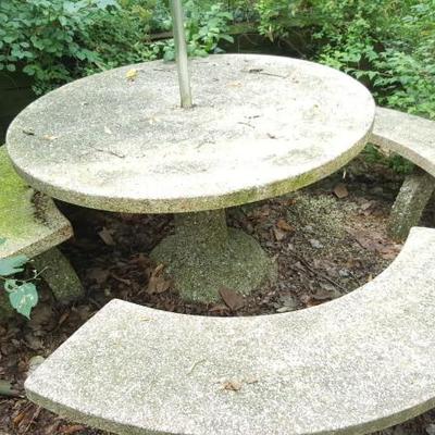 two concrete round tables and curved benches