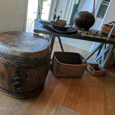 Antique Asian Drum & Hand Woven Baskets 