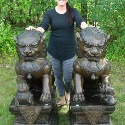 #100 â€“ Pair of Very Large Bronze Sculptures of Seated Foo Dogs, 40â€ h.