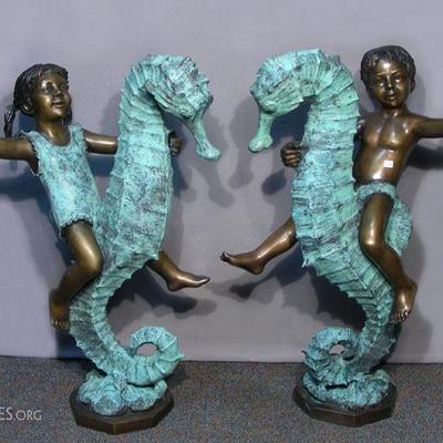 #136 – Two Adorable Bronze Sculptures/Fountains “Boy & Girl Seated on Sea Horses”, Each 37” h.
