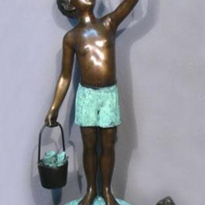 #58 â€“ Large Bronze Sculpture/Fountain â€œYoung Boy Standing on Turtle Holding a Bucket of Frogsâ€, 54â€ h.