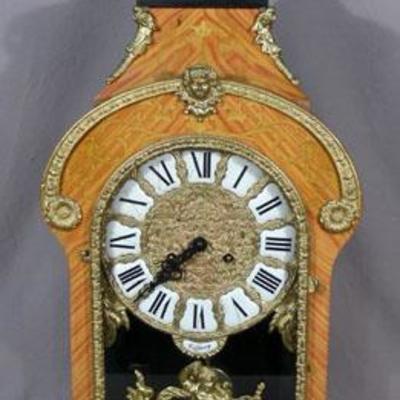 #60 – Italian Inlaid Mantle Clock with Ormolu Decorations, 30” h., 15” w.