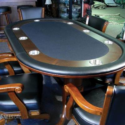#68 – High Quality Carved Wood & Leather Game Table with Six Matching Chairs and Wooden Table Top (not photographed), Table 30 ¼” h., 79...