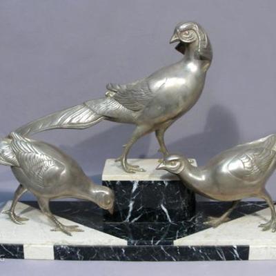 #71 – Very Fine Art Deco Style Bronze Pheasants on Marble Base, 16” h., 34” w.