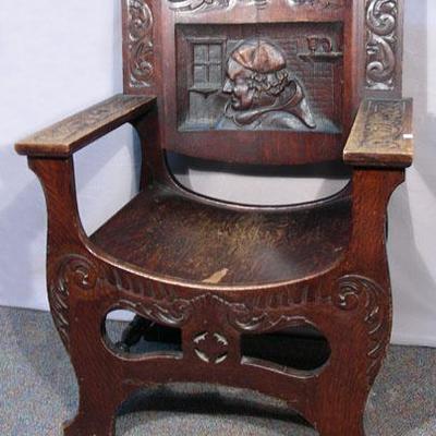 #25 – Antique Hand Carved Monk Chair, 28” w.