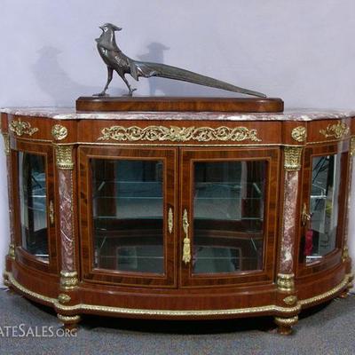 #74- French Inlaid Credenza/Curio with Marble Top, 3’ h., 66” w., 18 ½” d.
	#46 – Art Deco Style Bronze Sculpture “Standing Pheasant”,...