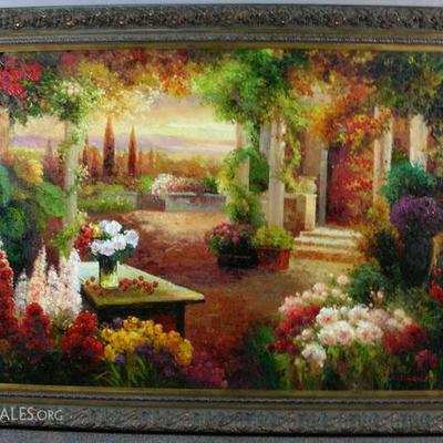 #80 – Very Large Oil on Canvas “Floral Tuscan Terrace”, Signed, Ornate Frame, Overall 5’ x 7’.