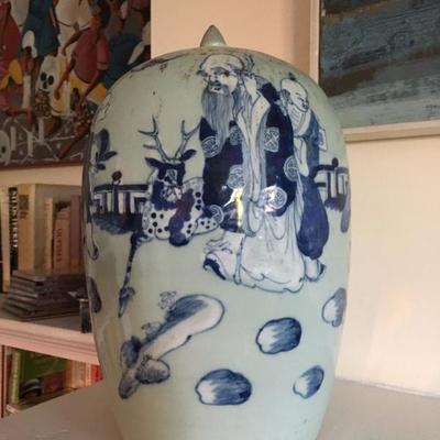 Detail of Blue and White Hand Decorated Chinese Jar