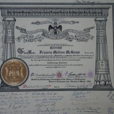 Vintage 1964 Mason 32nd degree Initiation Certificate - signed by over 20 33rd degree masons!