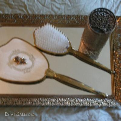 Vintage vanity set with brush, hand mirror and under-mirror tray