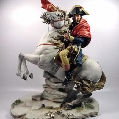 LARGE ITALIAN CAPODIMONTE PORCELAIN SCULPTURE, NAPOLEON ON REARING WHITE HORSE, WITH N AND CROWN MARK