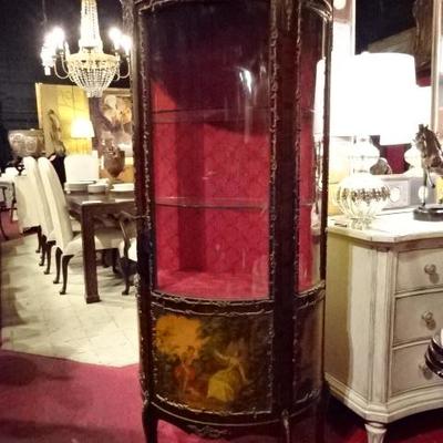 LOUIS XV STYLE VITRINE WITH PAINTED COURTING SCENE AND LANDSCAPES