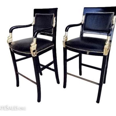 PAIR FRENCH EMPIRE STYLE BARSTOOLS WITH GOLD GILT DOLPHINS ON ARMS