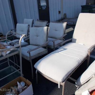 Patio furniture:
table $59
cart $59
2 swivel chairs $49 each
6 chairs $39 each
Chaise $59