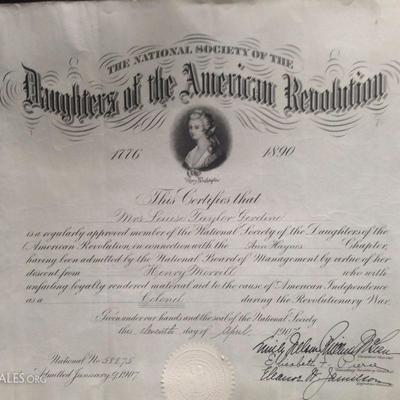 EARLY Admittance certificate for DAR 1907 # 58,875