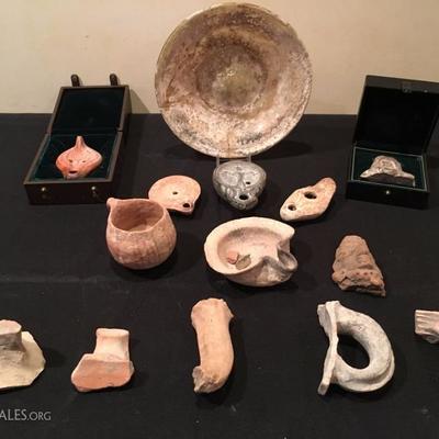 Judaen Antiquities - Roman Glass Dish, Oil Lamps, Jug Handle Fragments