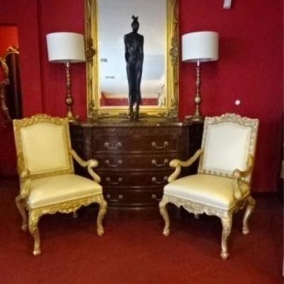 PAIR GILT WOOD LOUIS XV STYLE ARMCHAIRS