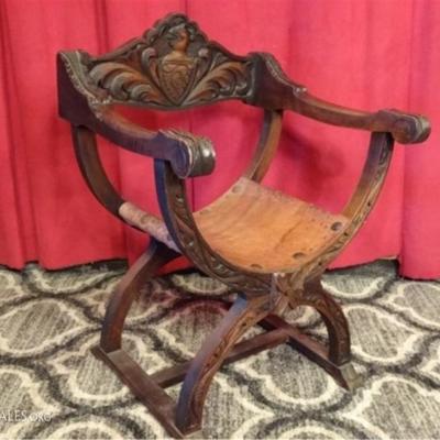 GOTHIC REVIVAL SAVONAROLA STYLE ARMCHAIR